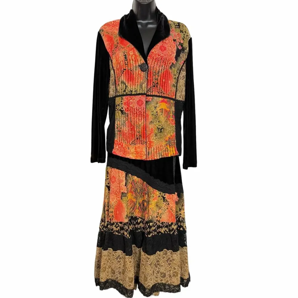 Vtg 90s Coldwater Creek Velvet Patchwork Skirt Suit Set Lace Art To Wear S PM